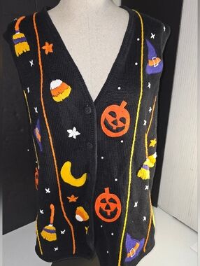 Victoria Jones Black Halloween Costume Vest with Pumpkin & Witch Embroidery XL